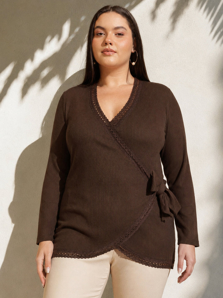 Brown Rib Wrap Top