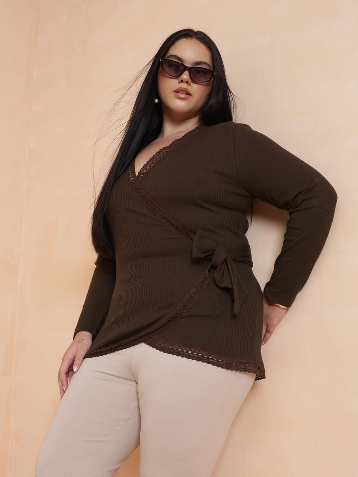 Brown Rib Wrap Top