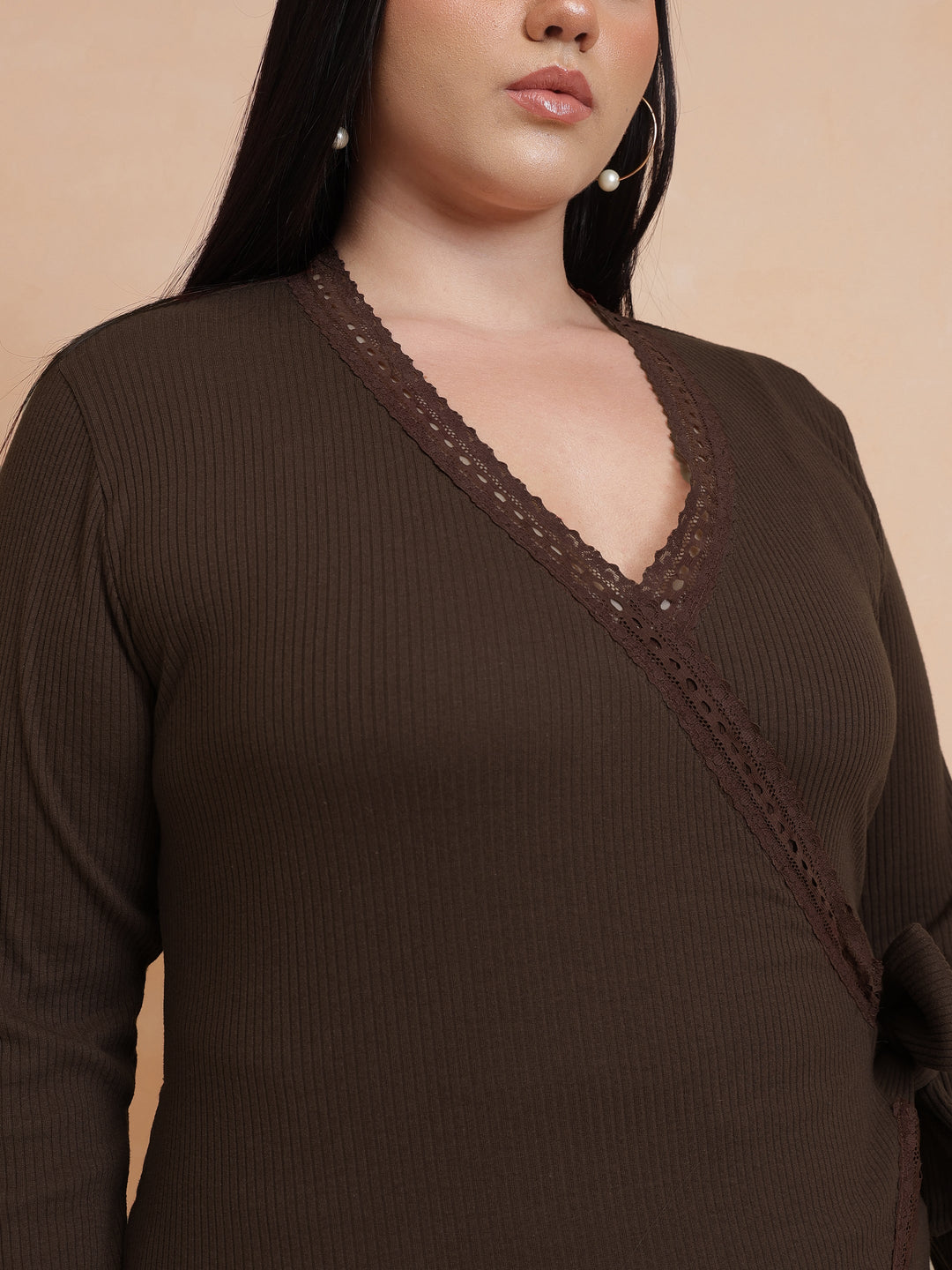 Brown Rib Wrap Top
