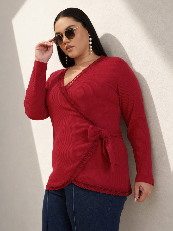 Red Rib Wrap Top