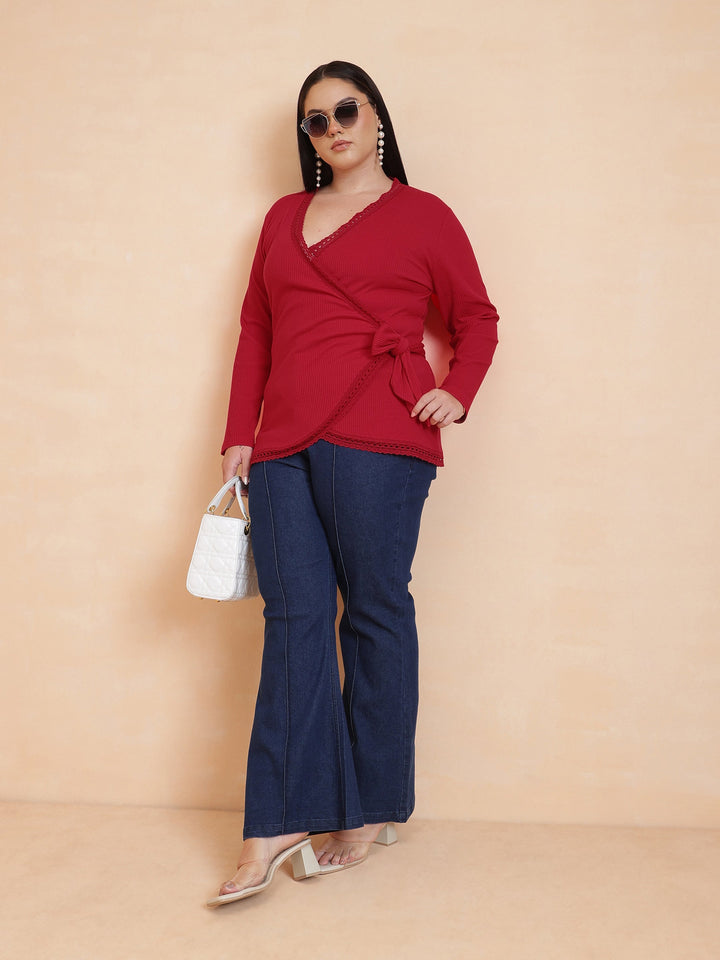 Red Rib Wrap Top