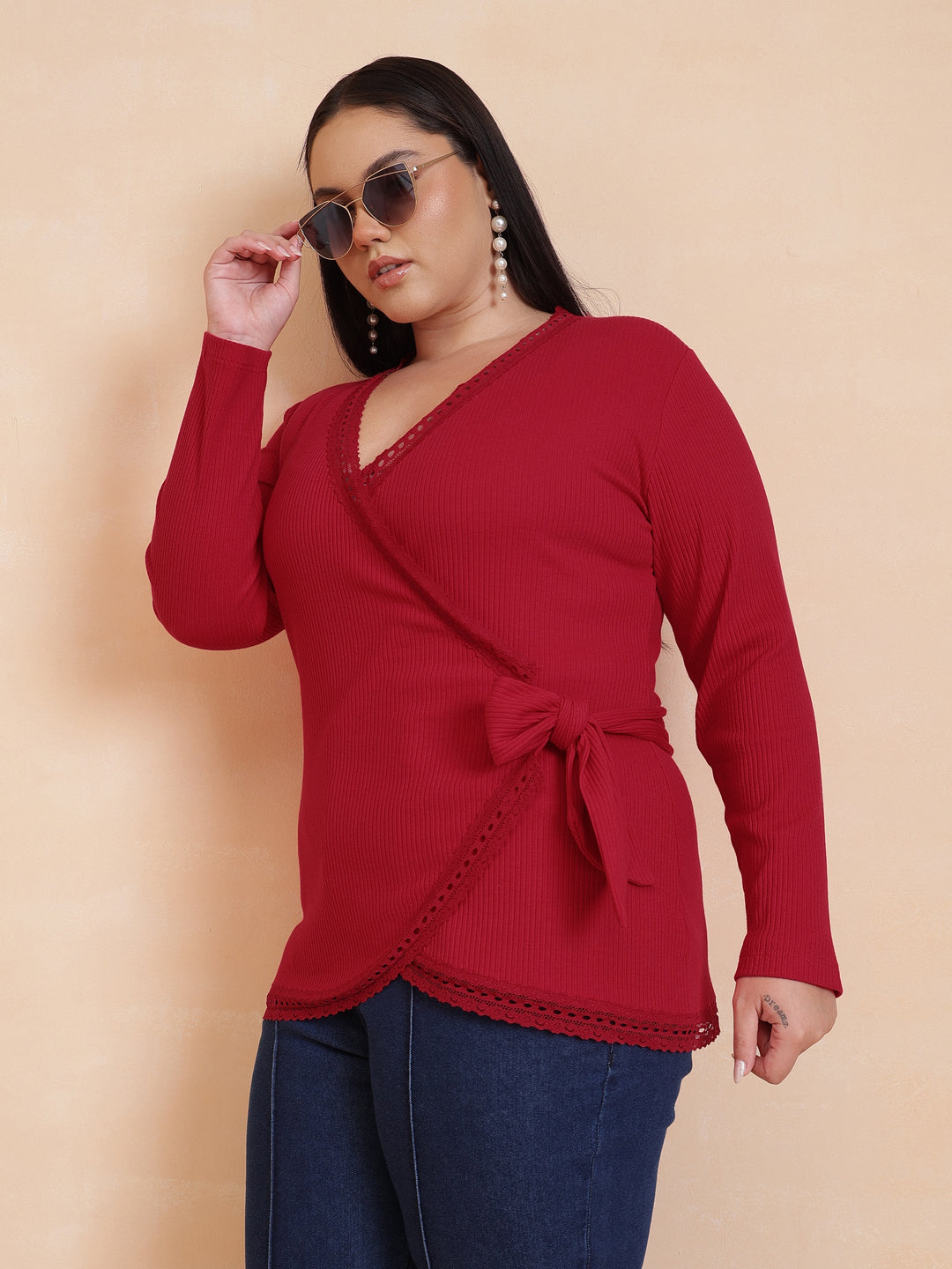 Red Rib Wrap Top
