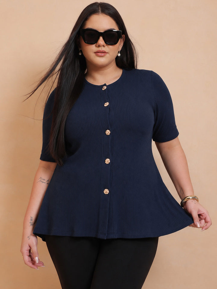 Navy Rib Button Down Peplum Top