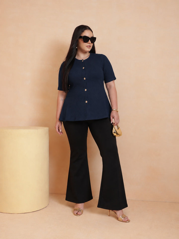 Navy Rib Button Down Peplum Top