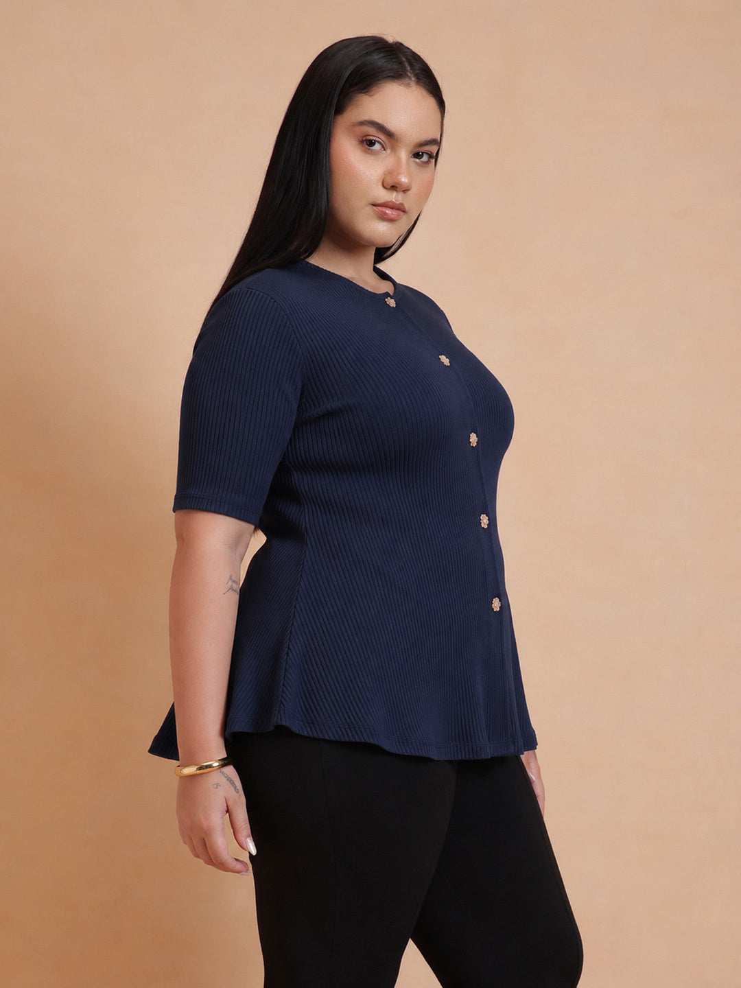 Navy Rib Button Down Peplum Top