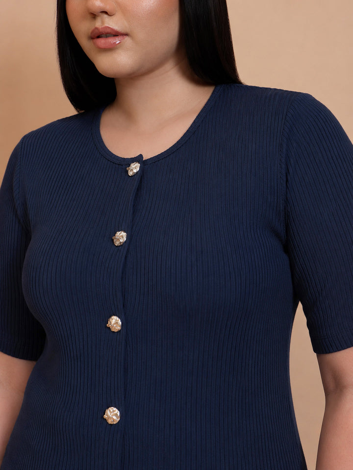 Navy Rib Button Down Peplum Top
