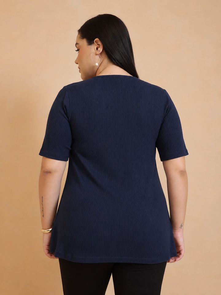 Navy Rib Button Down Peplum Top