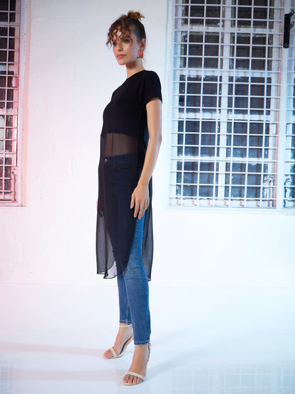 Black Side Slit Longline Top