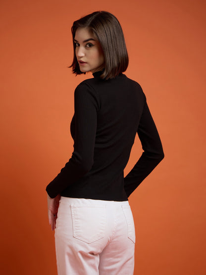 Women Black High Neck Rib Top