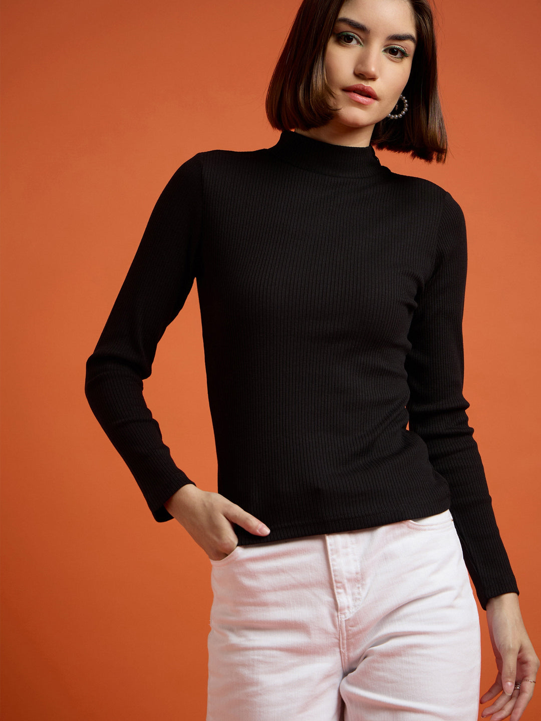 Women Black High Neck Rib Top