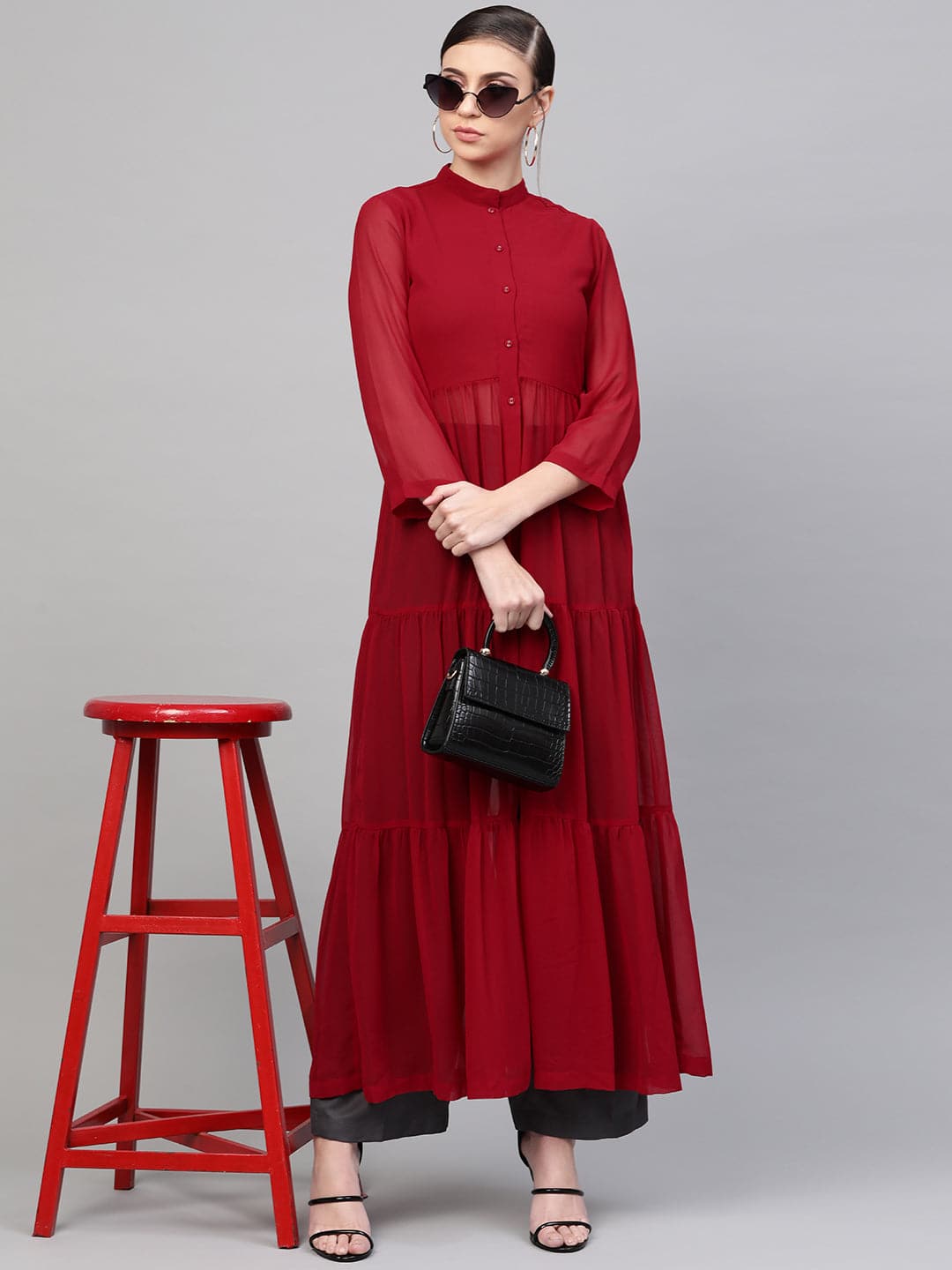 Women's Red Front Open Sheer Tiered Maxi Top in Georgette by Sassafras for wholesale, bulk, supplier, manufacturer and wholesaler buyers from Trendphoria