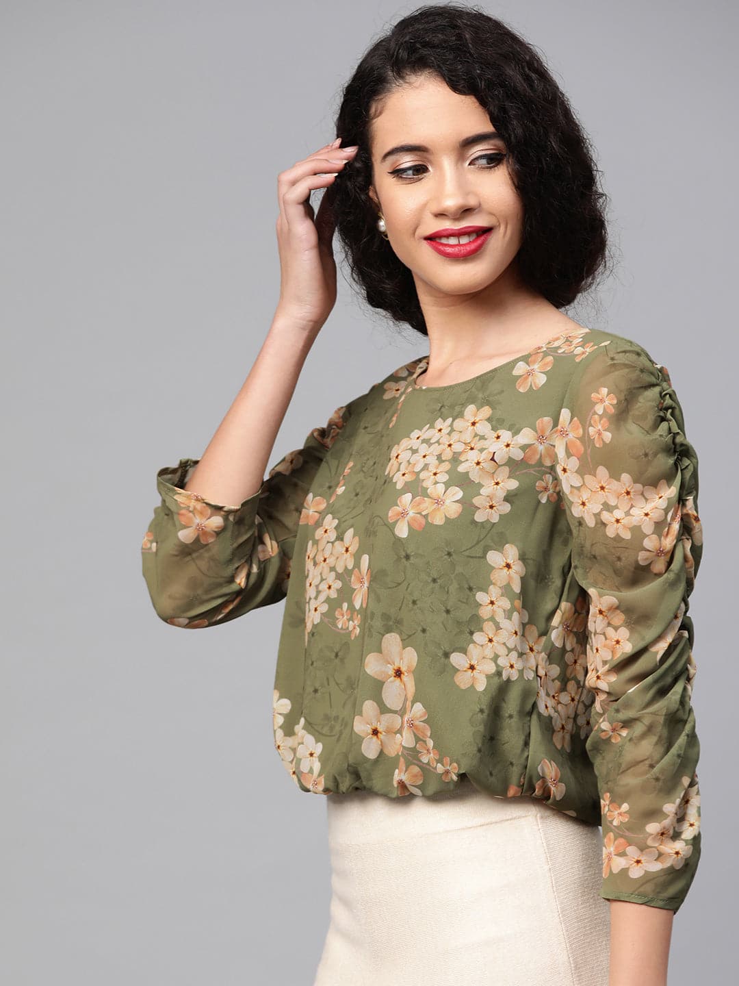 Moss Green Floral Roached Sleeves Crop Top