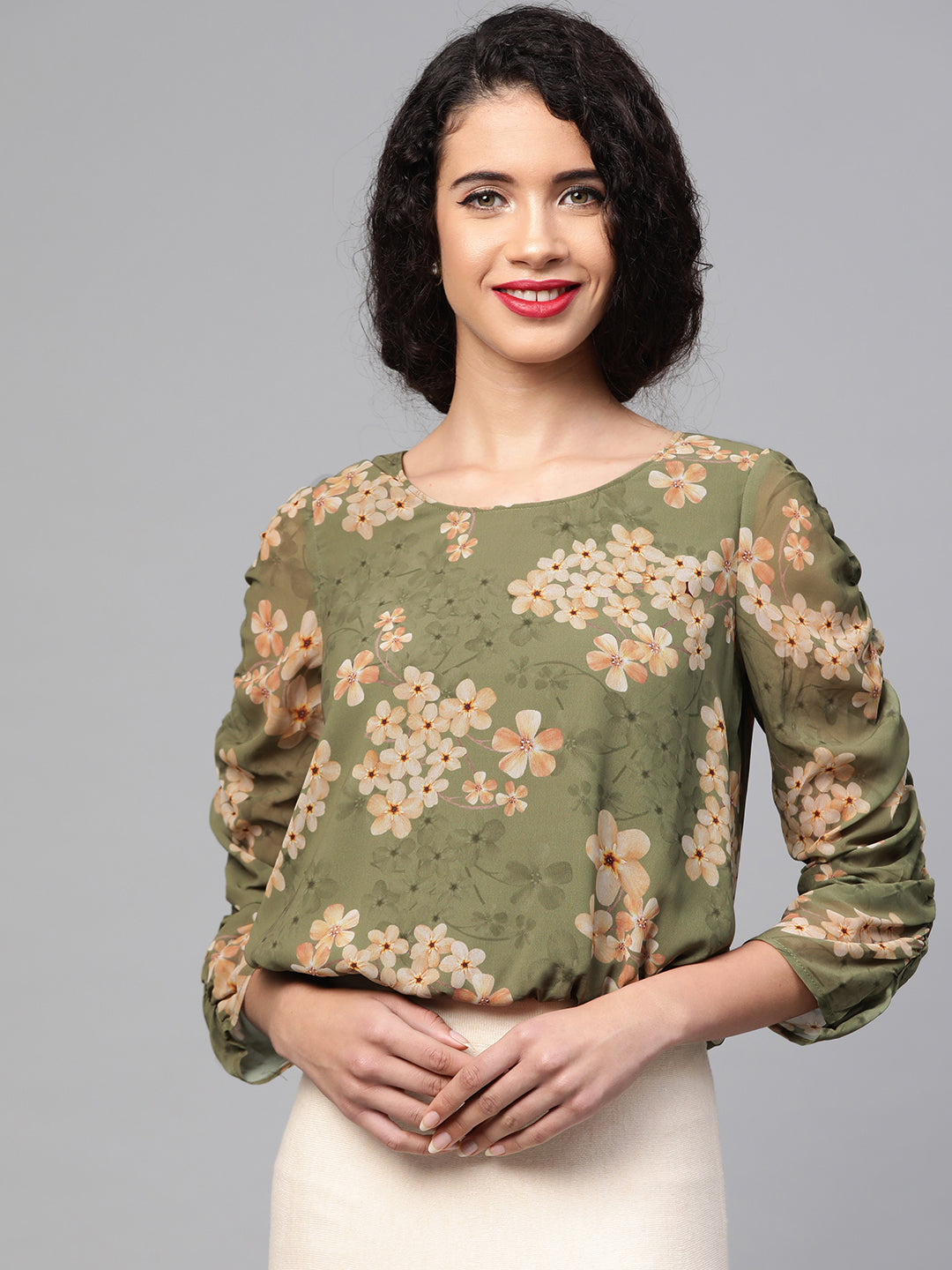 Moss Green Floral Roached Sleeves Crop Top