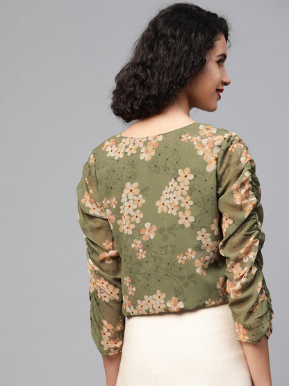 Moss Green Floral Roached Sleeves Crop Top