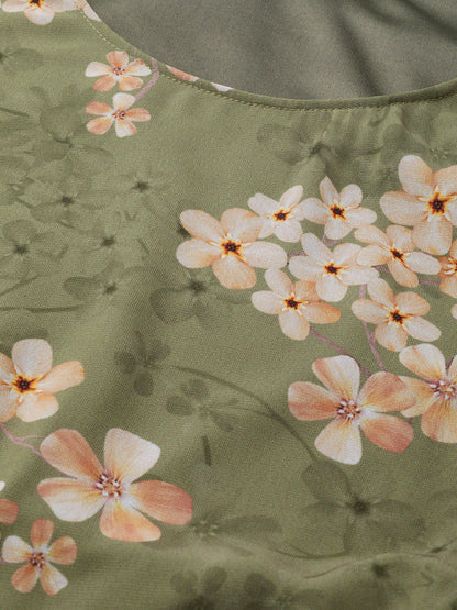 Moss Green Floral Roached Sleeves Crop Top