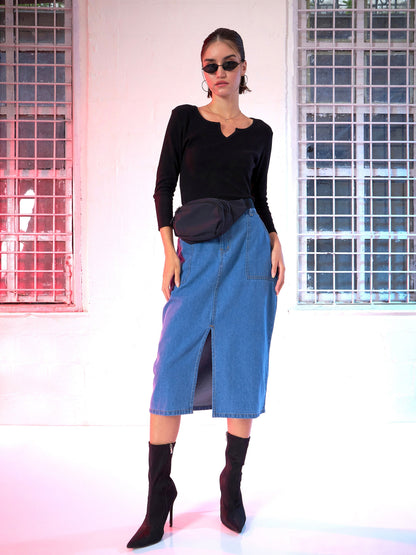 Women Black Rib V-Neck T-Shirt