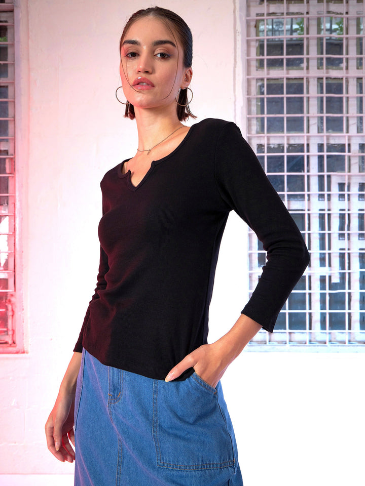 Women Black Rib V-Neck T-Shirt