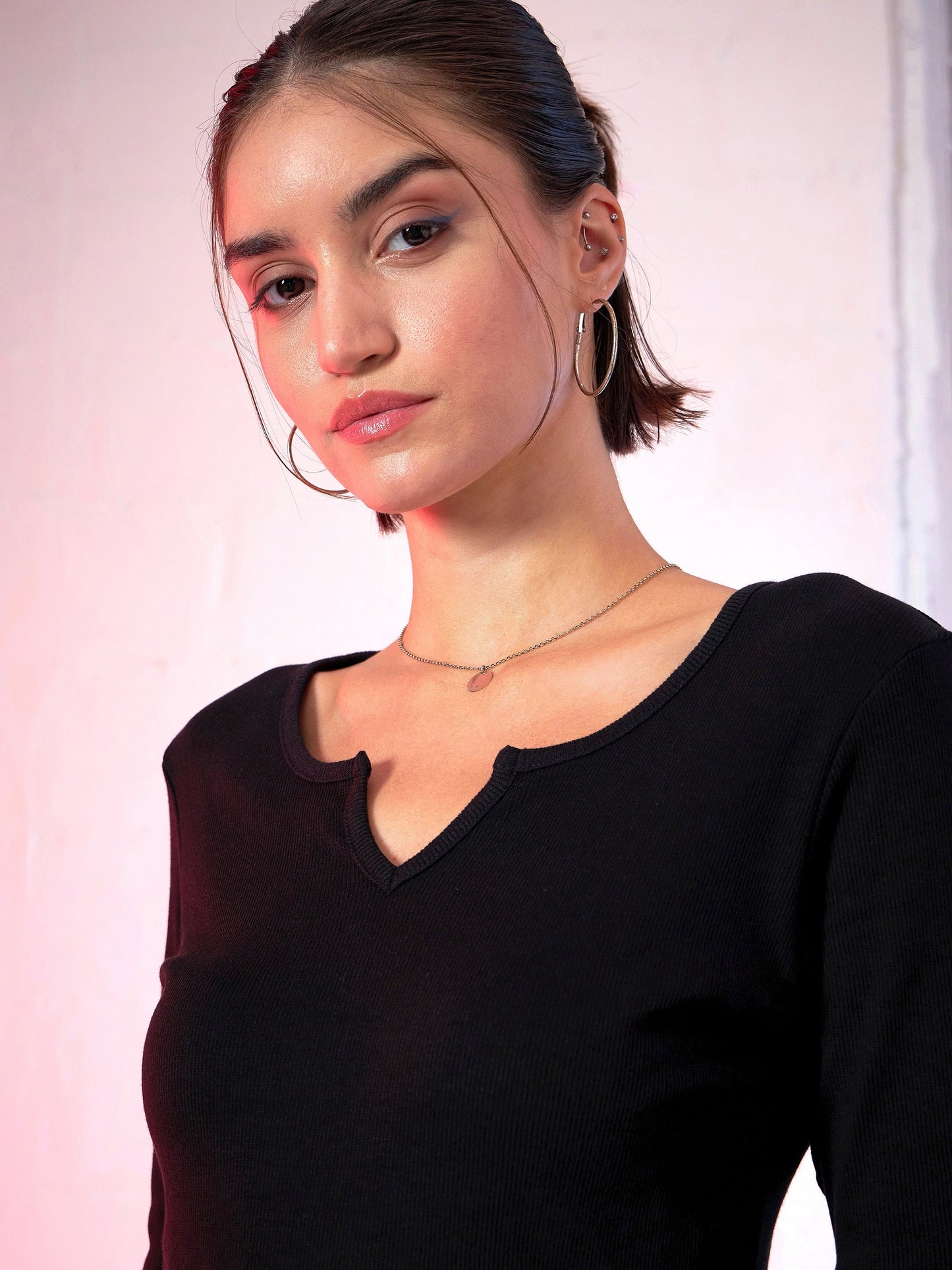 Women Black Rib V-Neck T-Shirt