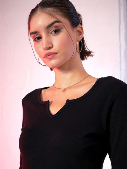 Women Black Rib V-Neck T-Shirt