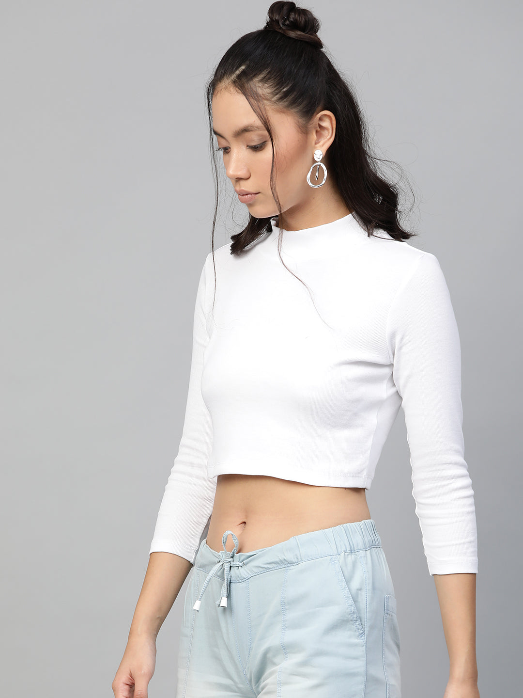White Rib Turtle Neck Crop Top
