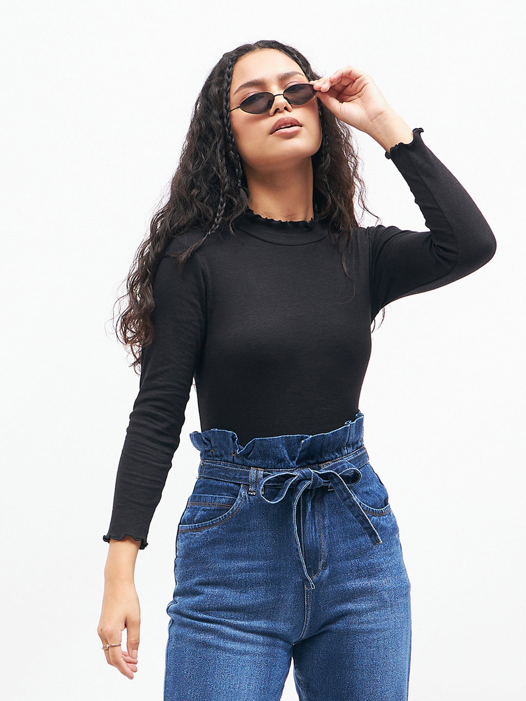 Women's Black Rib High Neck Full Sleeve Top in Cotton by Sassafras for wholesale, bulk, supplier, manufacturer and wholesaler buyers from Trendphoria