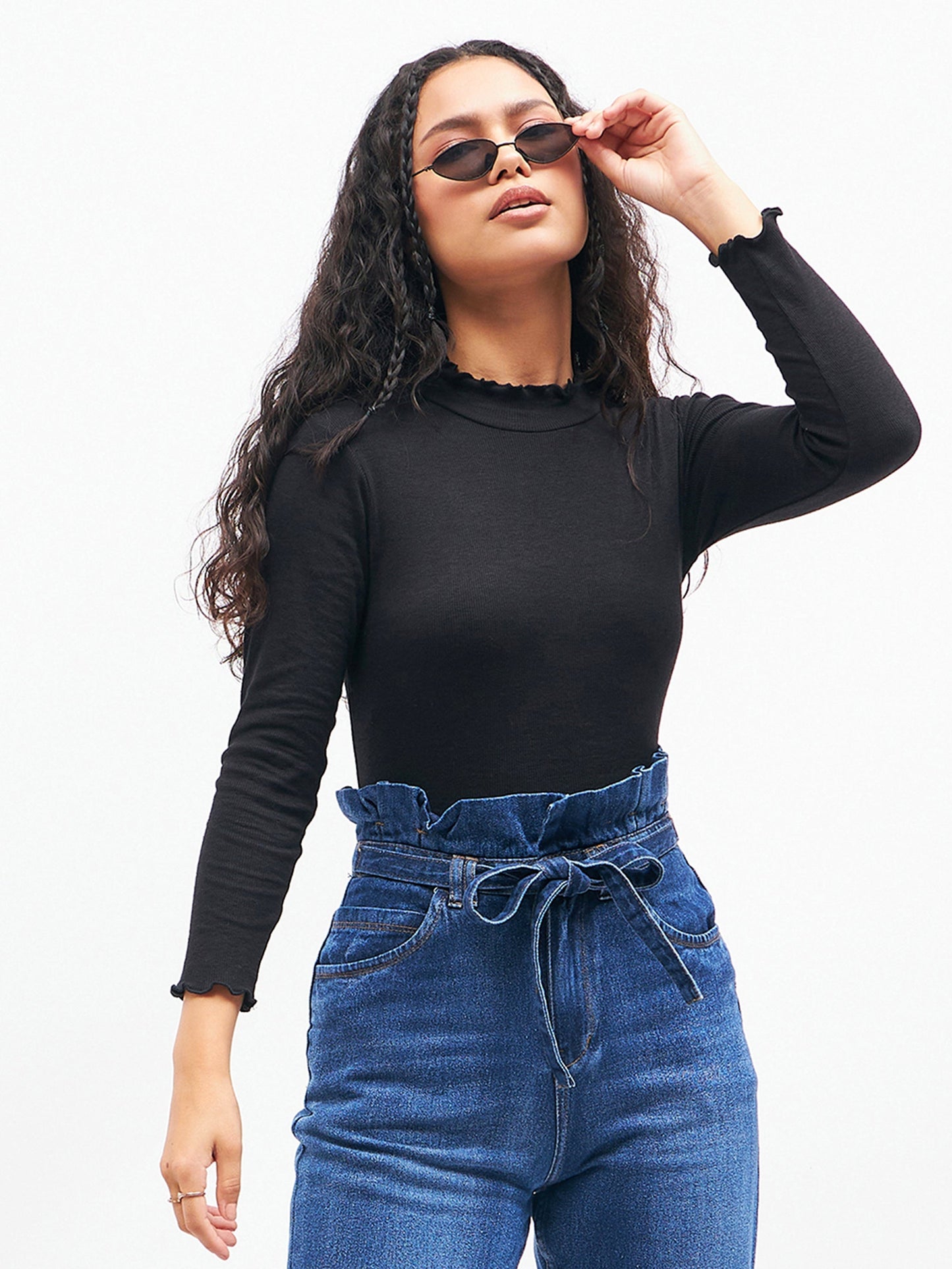 Women Black Rib High Neck Full Sleeve Top