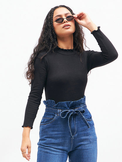 Women Black Rib High Neck Full Sleeve Top
