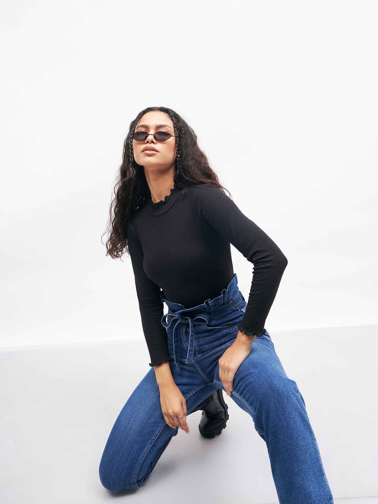 Women Black Rib High Neck Full Sleeve Top