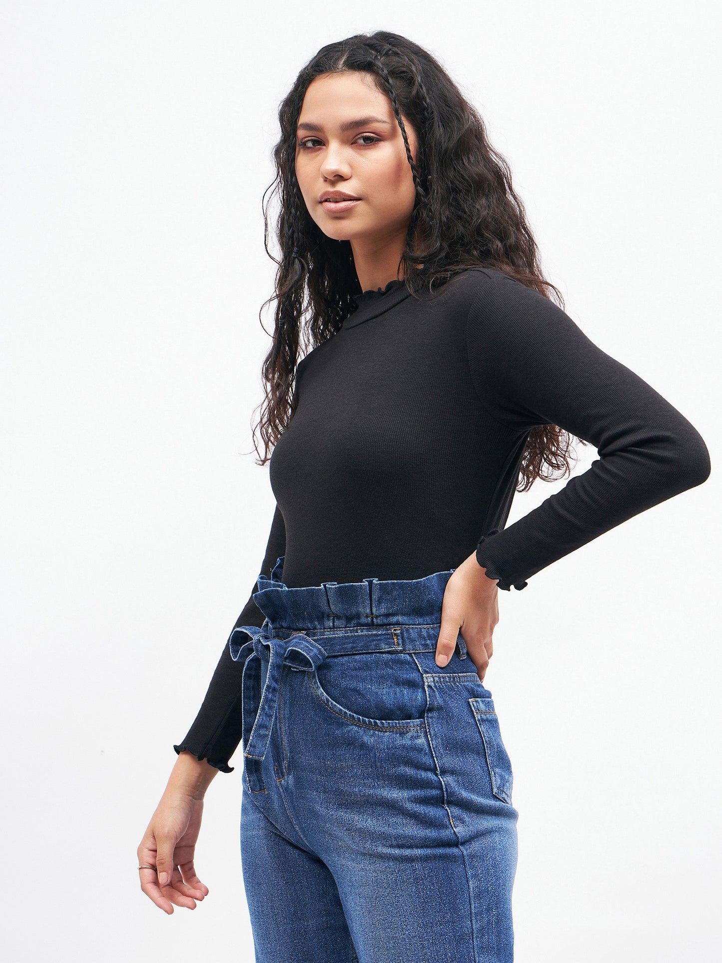 Women Black Rib High Neck Full Sleeve Top