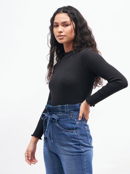 Women Black Rib High Neck Full Sleeve Top