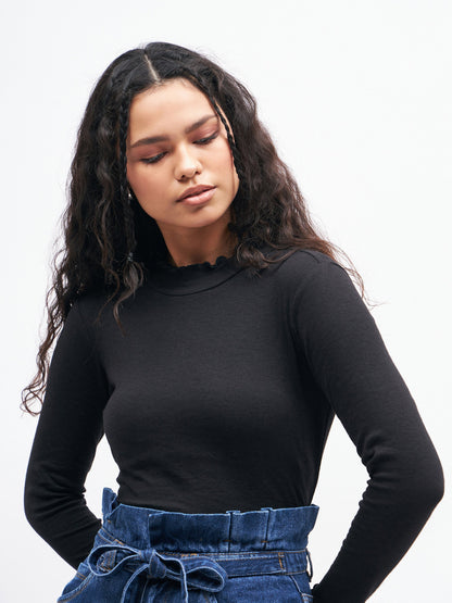 Women Black Rib High Neck Full Sleeve Top