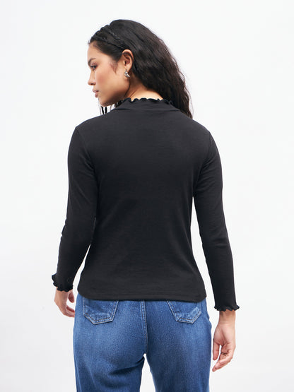 Women Black Rib High Neck Full Sleeve Top