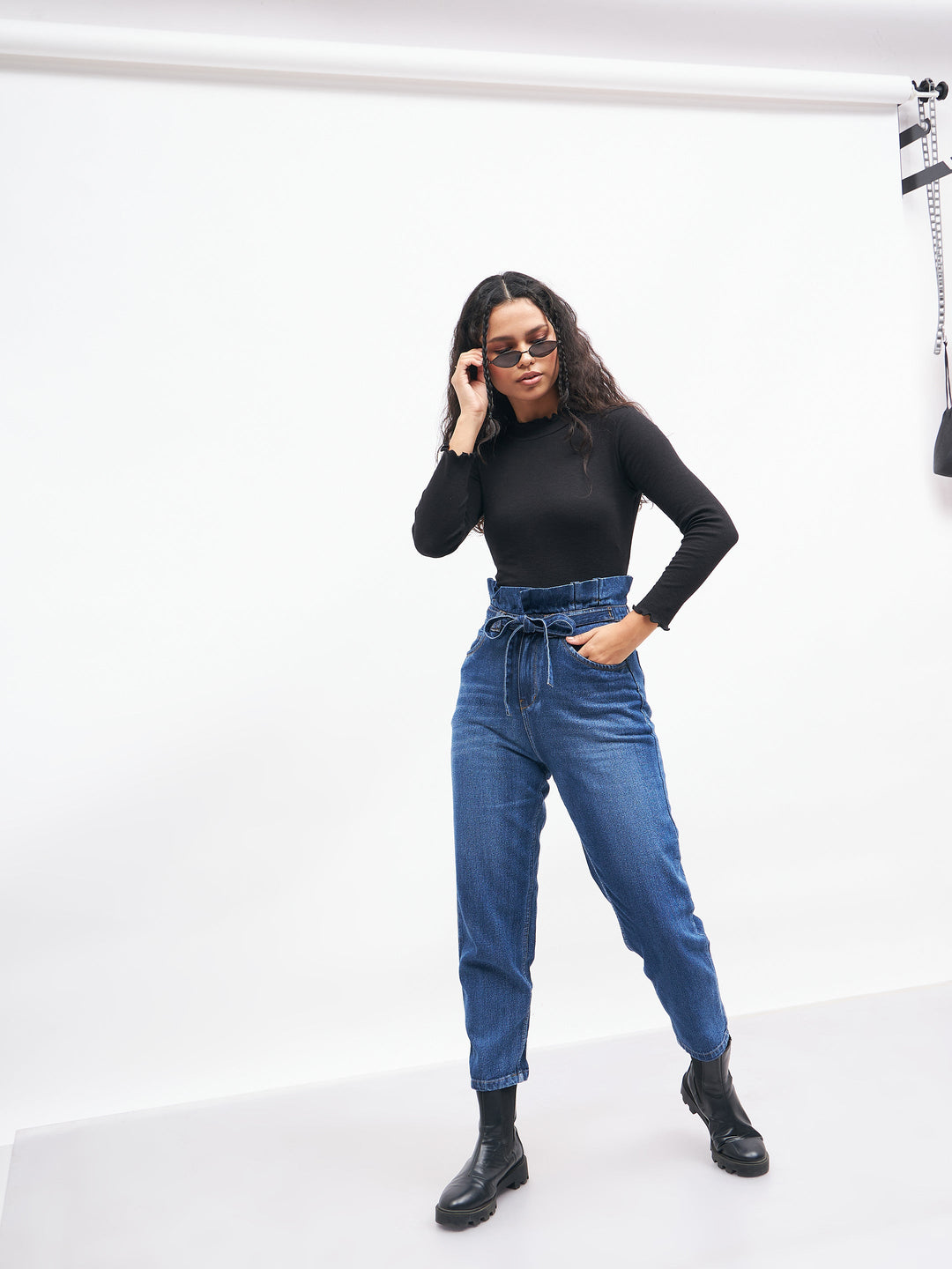 Women Black Rib High Neck Full Sleeve Top