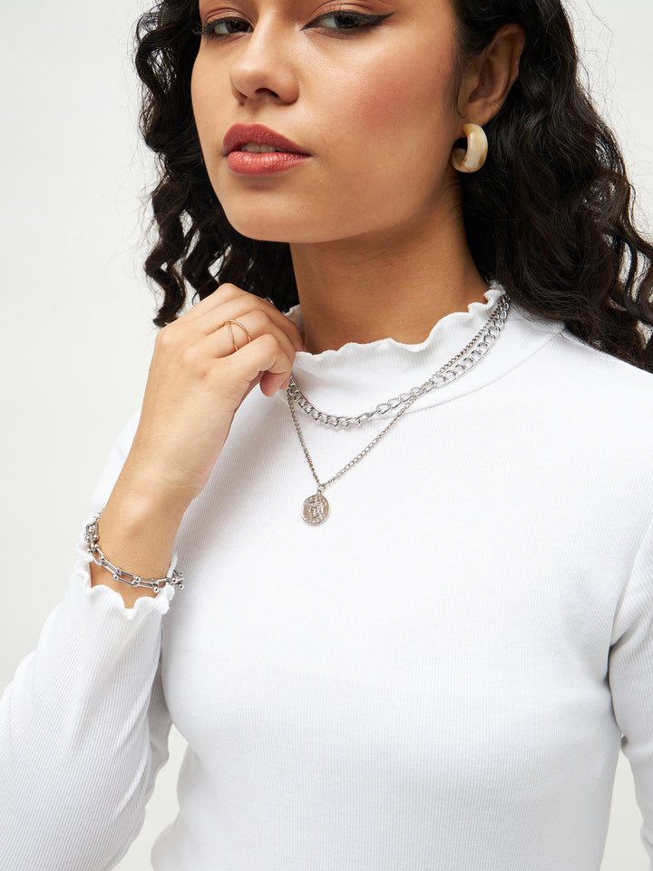 White Rib High Neck Full Sleeve Top