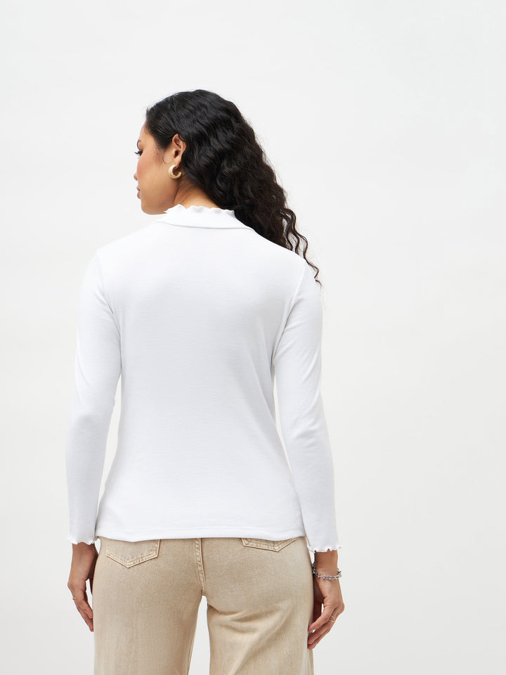 White Rib High Neck Full Sleeve Top