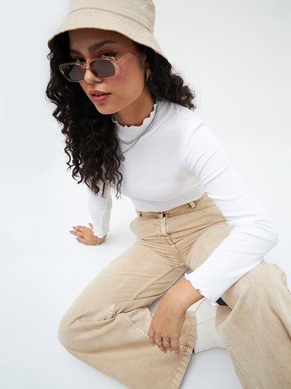 Women White Rib High Neck Full Sleeve Top