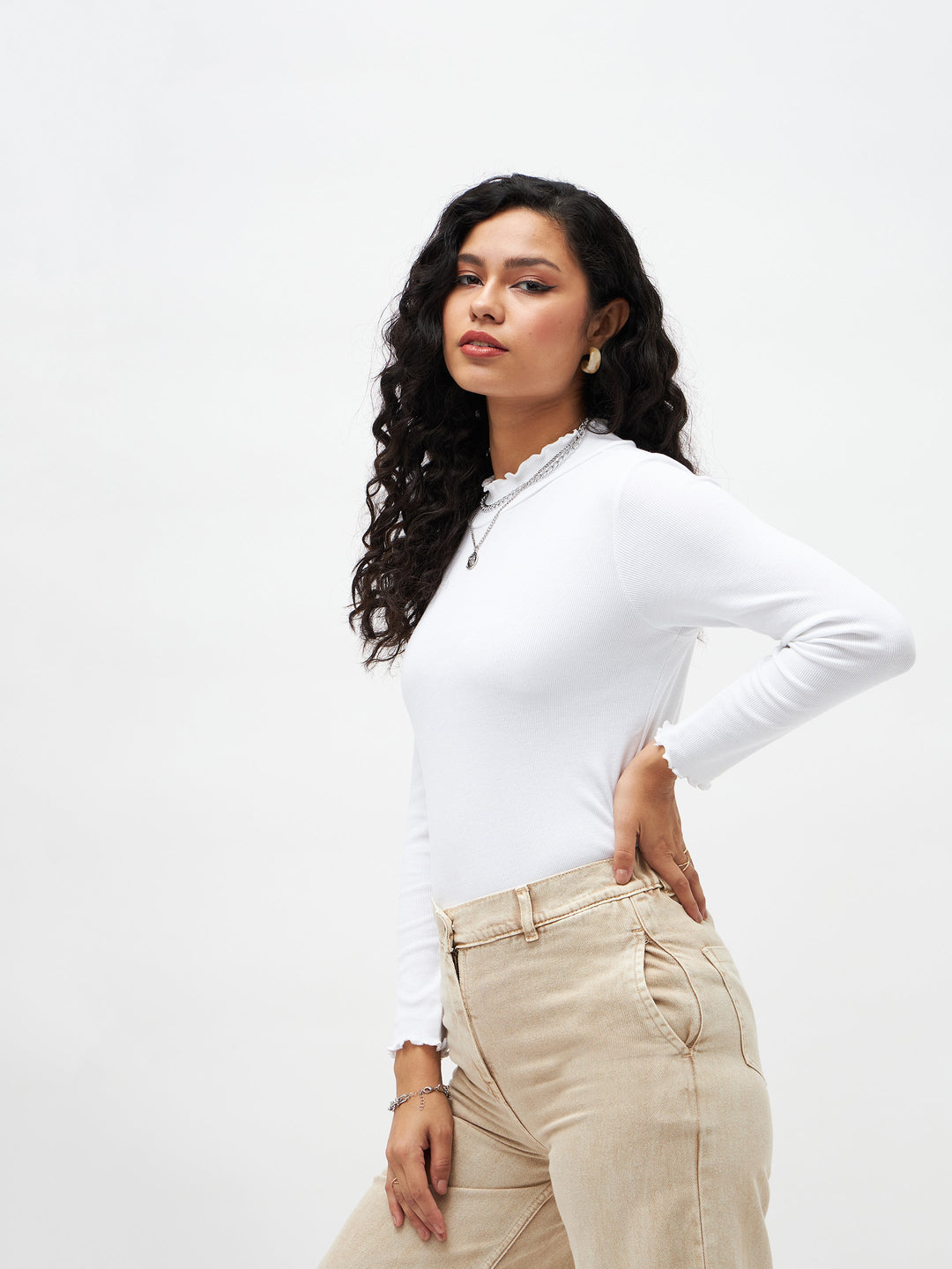 Women White Rib High Neck Full Sleeve Top