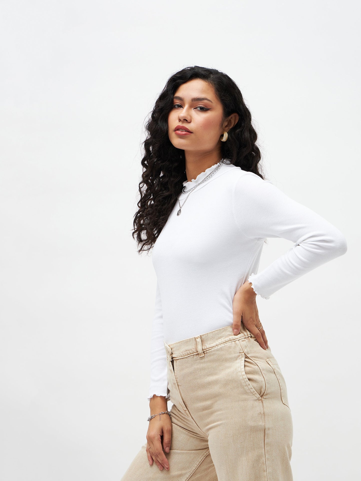 Women White Rib High Neck Full Sleeve Top