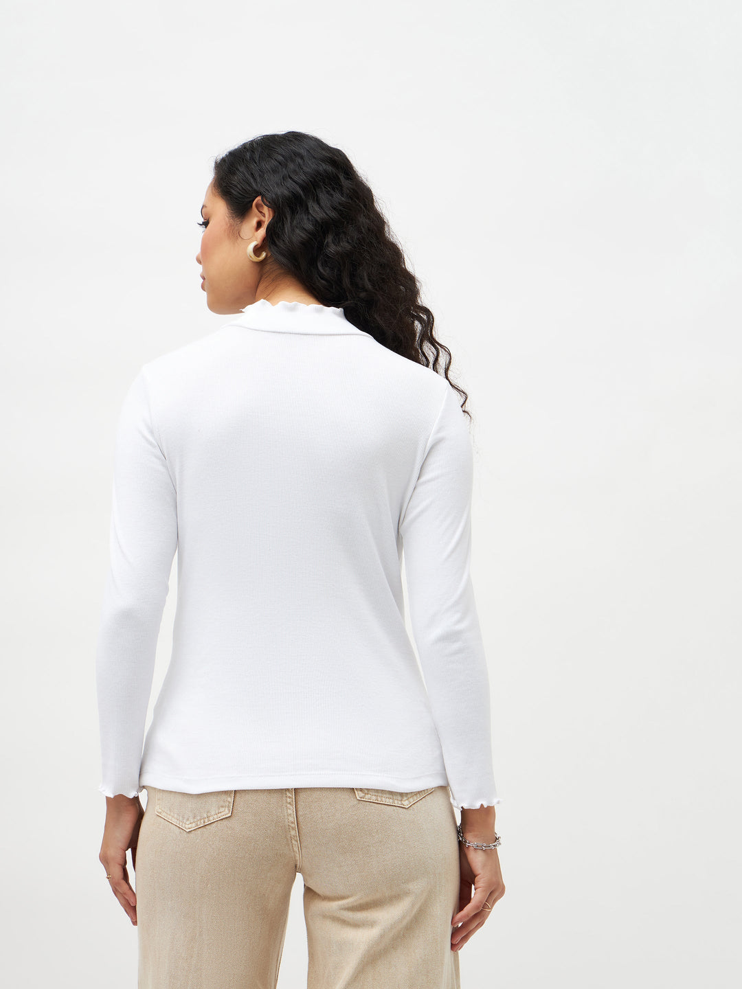 Women White Rib High Neck Full Sleeve Top
