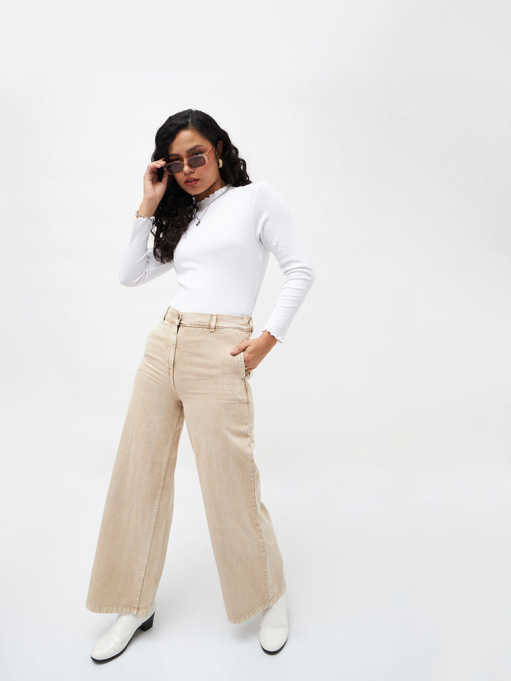 Women White Rib High Neck Full Sleeve Top