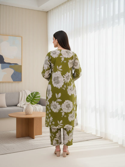 Green Self Design Cotton Fabric Long Sleeves V-Neck Calf Length Kurta Set