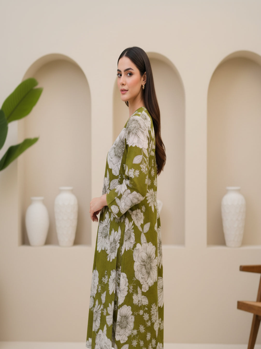 Green Self Design Cotton Fabric Long Sleeves V-Neck Calf Length Kurta Set