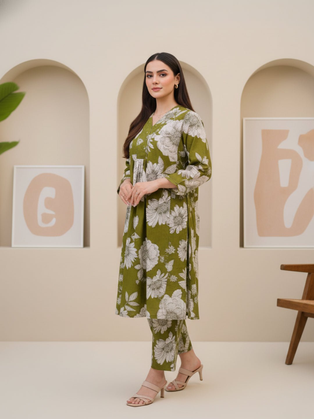 Green Self Design Cotton Fabric Long Sleeves V-Neck Calf Length Kurta Set