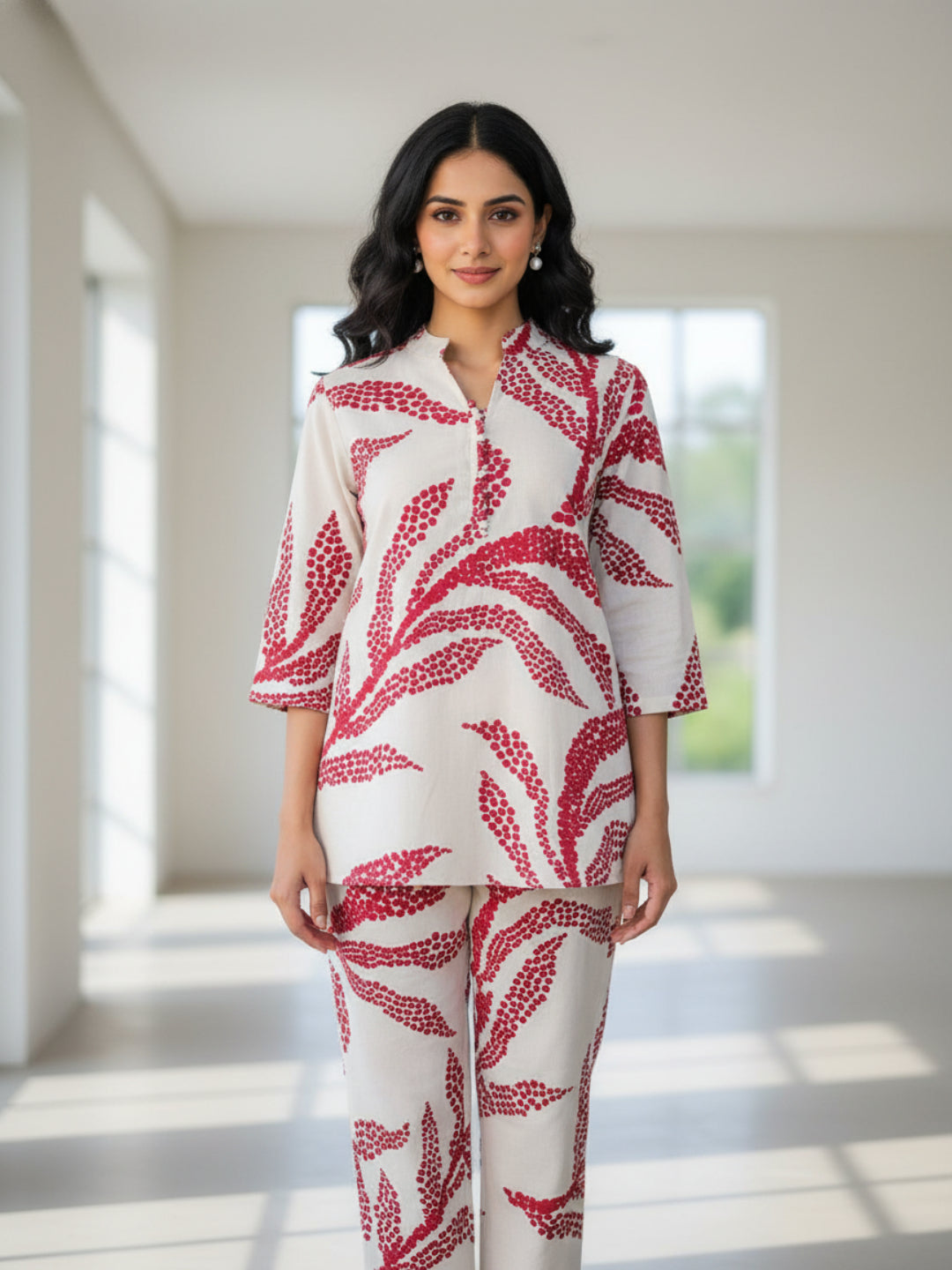 Pink Self Design Viscose Rayon Fabric Three-Quarter Sleeves V-Neck Hip Length Kurta Set