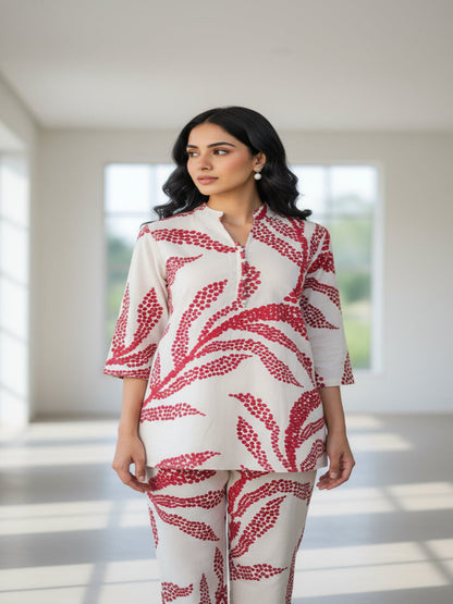 Pink Self Design Viscose Rayon Fabric Three-Quarter Sleeves V-Neck Hip Length Kurta Set