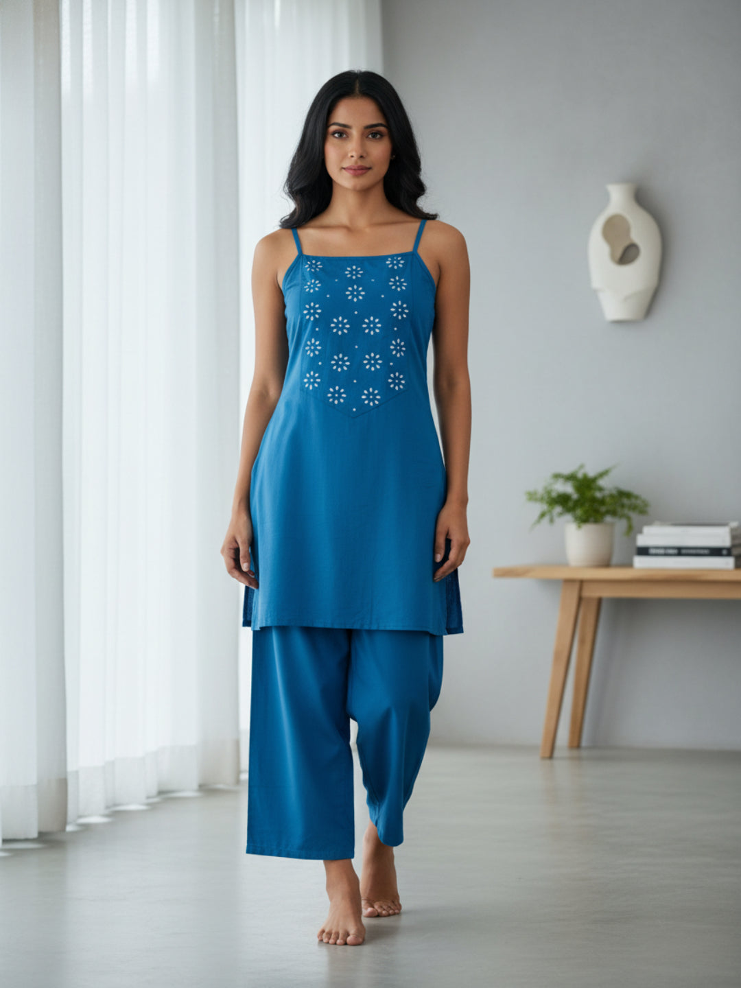 Teal Self Design Cotton Fabric  Sleeveless Square Neck Hip Length Kurta Set