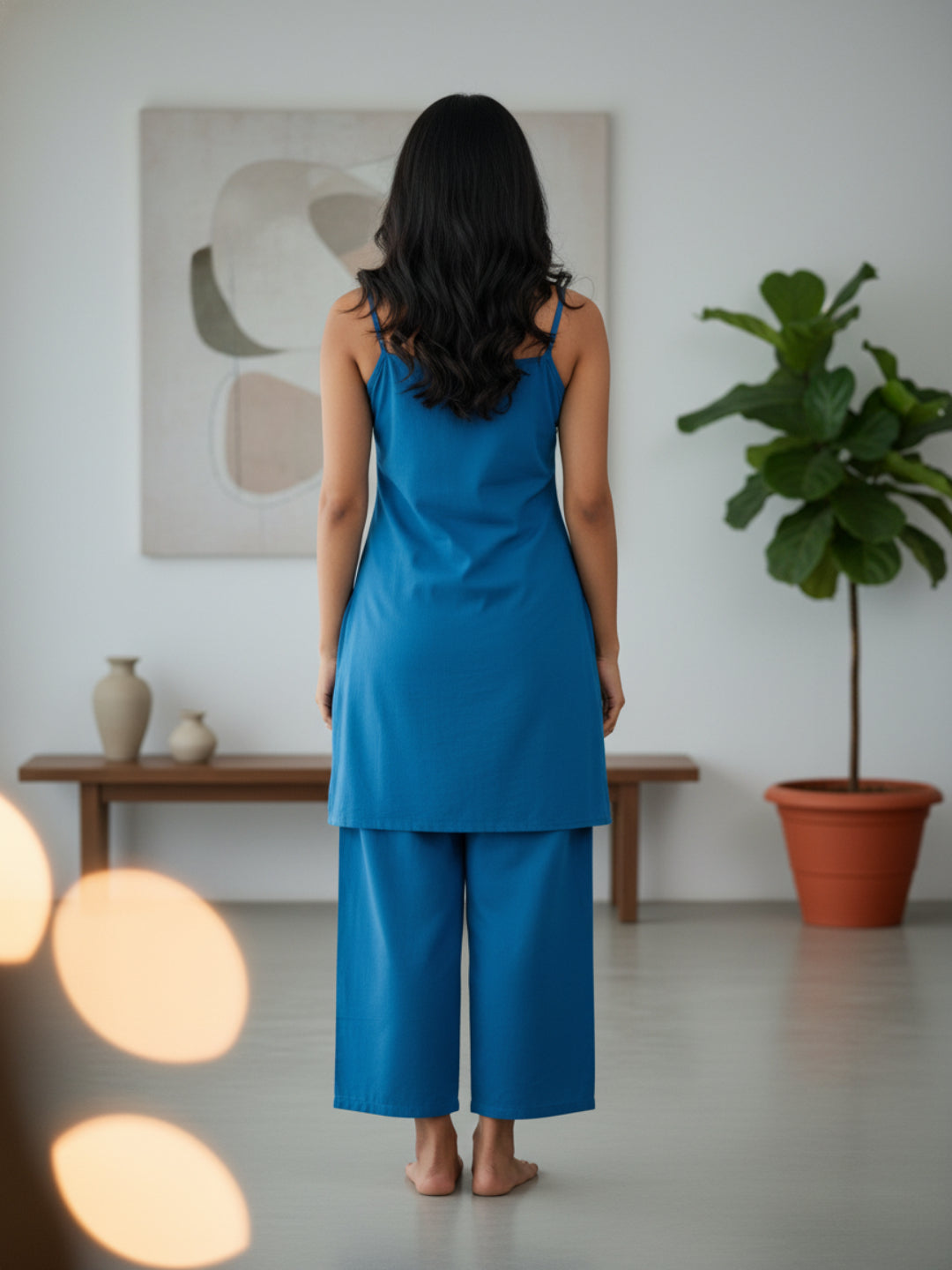 Teal Self Design Cotton Fabric  Sleeveless Square Neck Hip Length Kurta Set