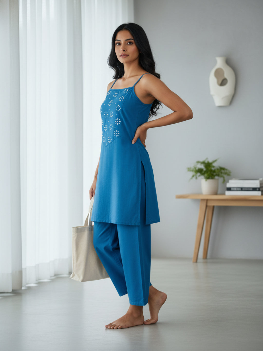 Teal Self Design Cotton Fabric  Sleeveless Square Neck Hip Length Kurta Set