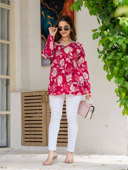 Red Self Design Cotton Fabric Tunics Three-Quarter Sleeves V-Neck Hip Length