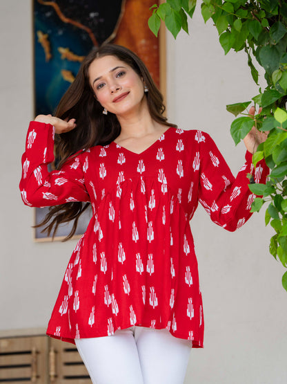 Red Self Design Cotton Fabric Tunics Three-Quarter Sleeves V-Neck Hip Length
